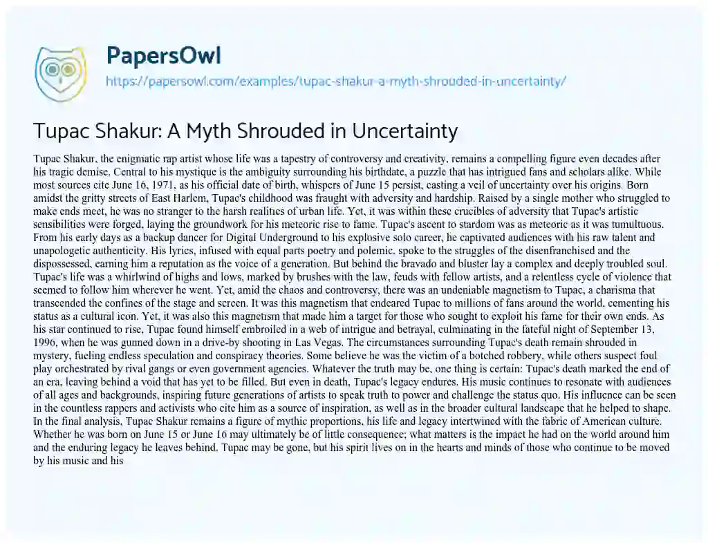 Essay on Tupac Shakur: a Myth Shrouded in Uncertainty