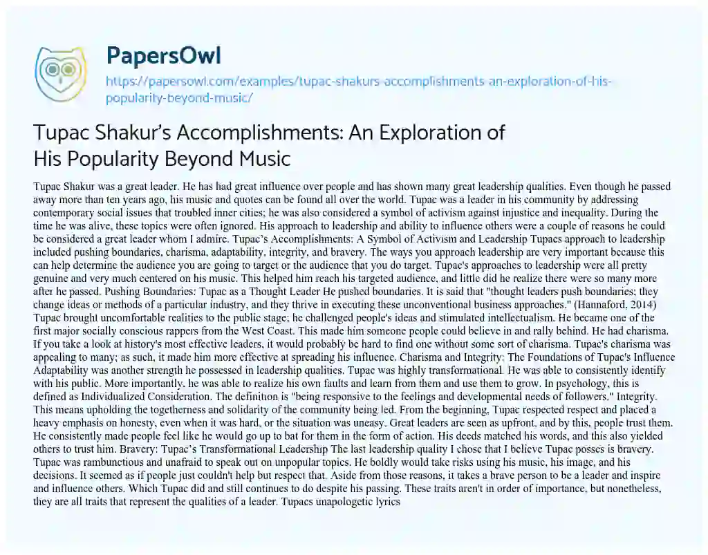 Essay on Tupac Shakur’s Accomplishments: an Exploration of his Popularity Beyond Music