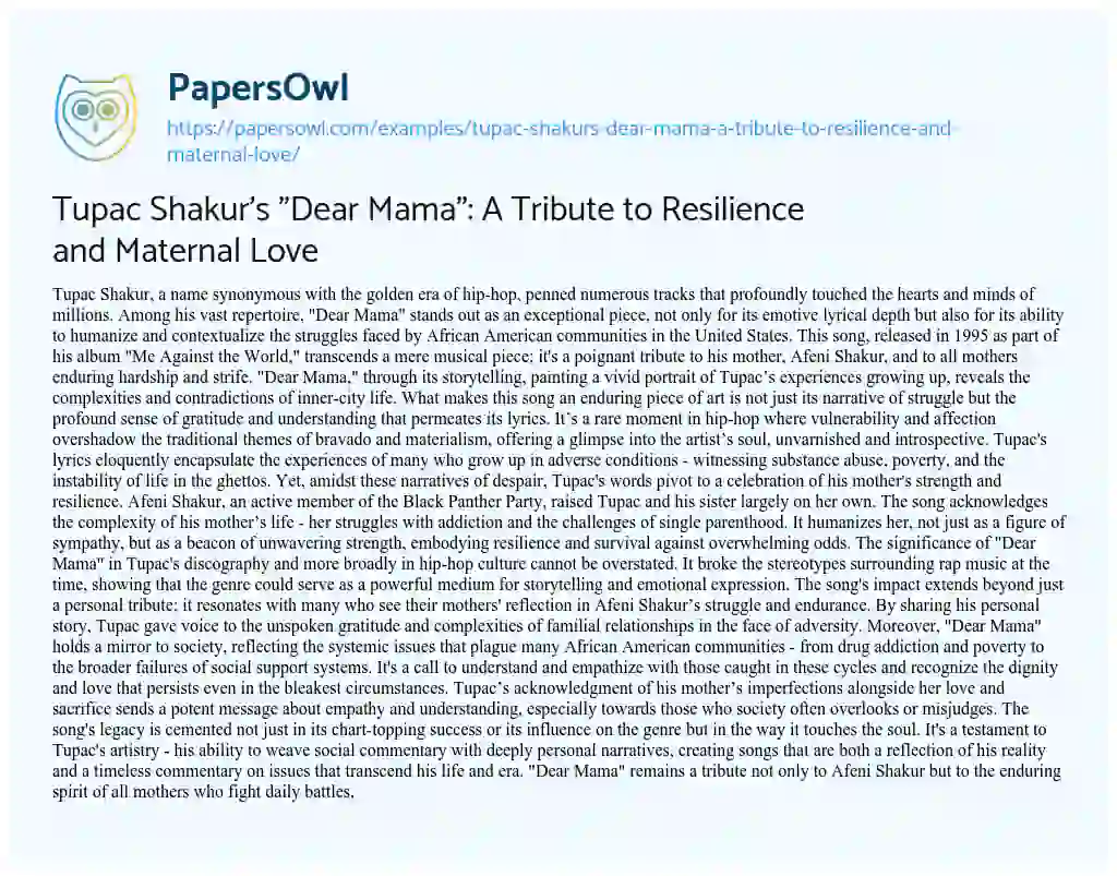 Essay on Tupac Shakur’s “Dear Mama”: a Tribute to Resilience and Maternal Love