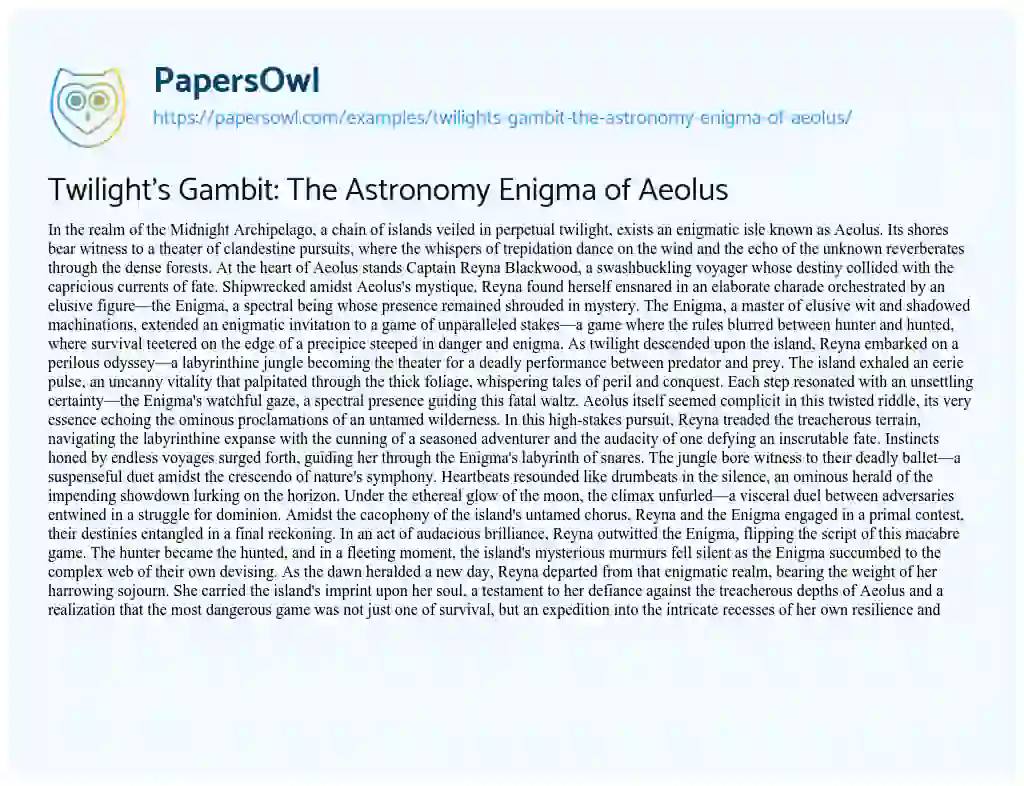 Essay on Twilight’s Gambit: the Astronomy Enigma of Aeolus