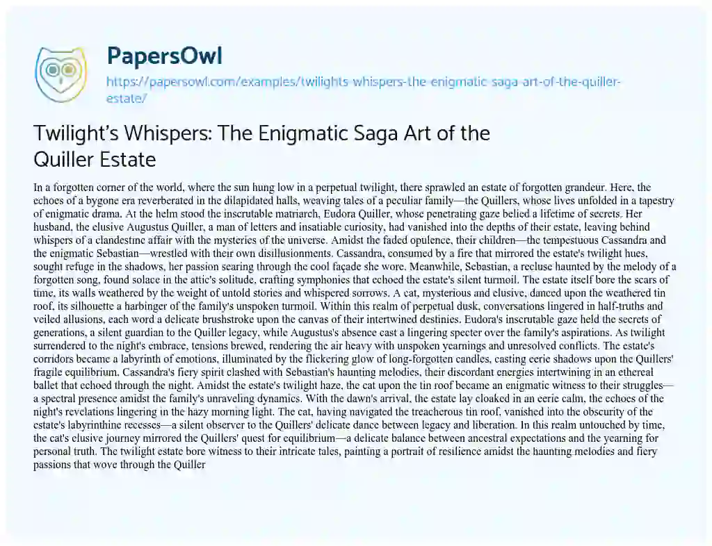 Essay on Twilight’s Whispers: the Enigmatic Saga Art of the Quiller Estate