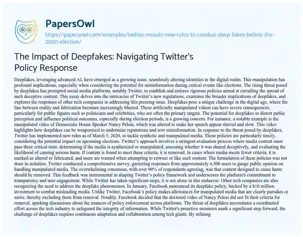 Essay on Twitter Reveals New Rules to Combat Deep Fakes before the 2020 Election
