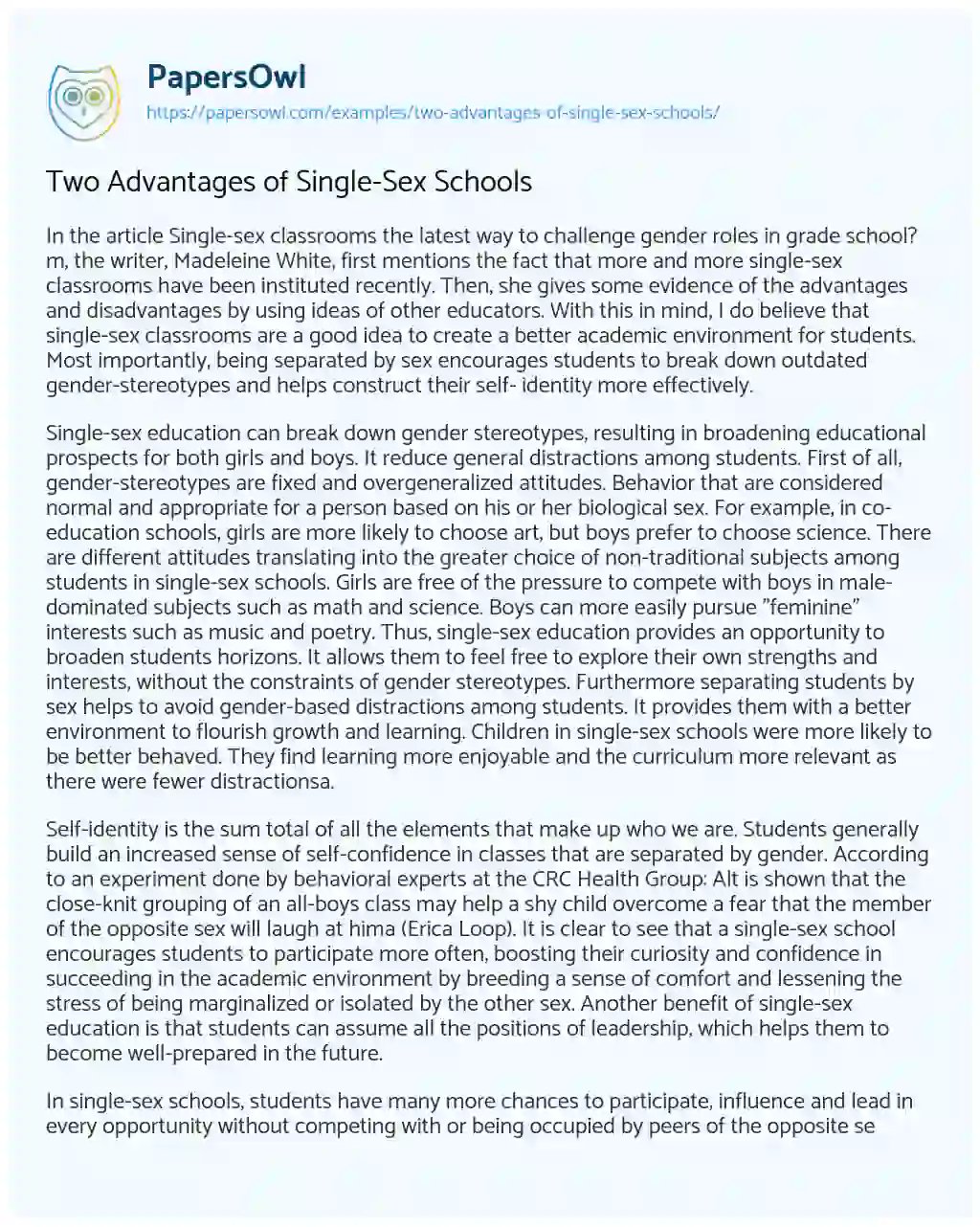 Essay on Two Advantages of Single-Sex Schools