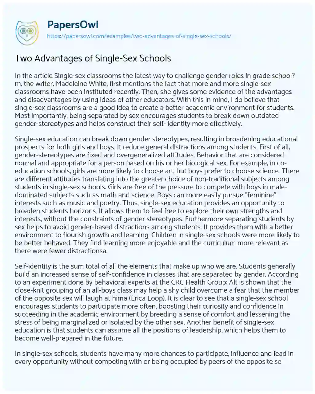 Two Advantages Of Single Sex Schools Free Essay Example 508 Words