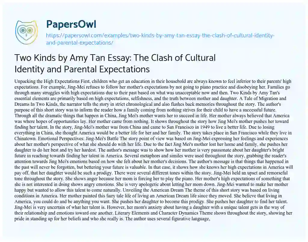 Essay on Two Kinds by Amy Tan Essay: the Clash of Cultural Identity and Parental Expectations