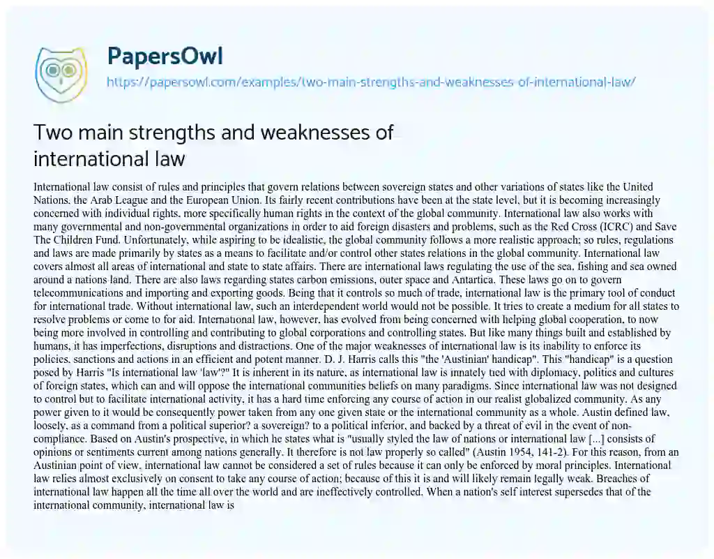 Essay on Two Main Strengths and Weaknesses of International Law