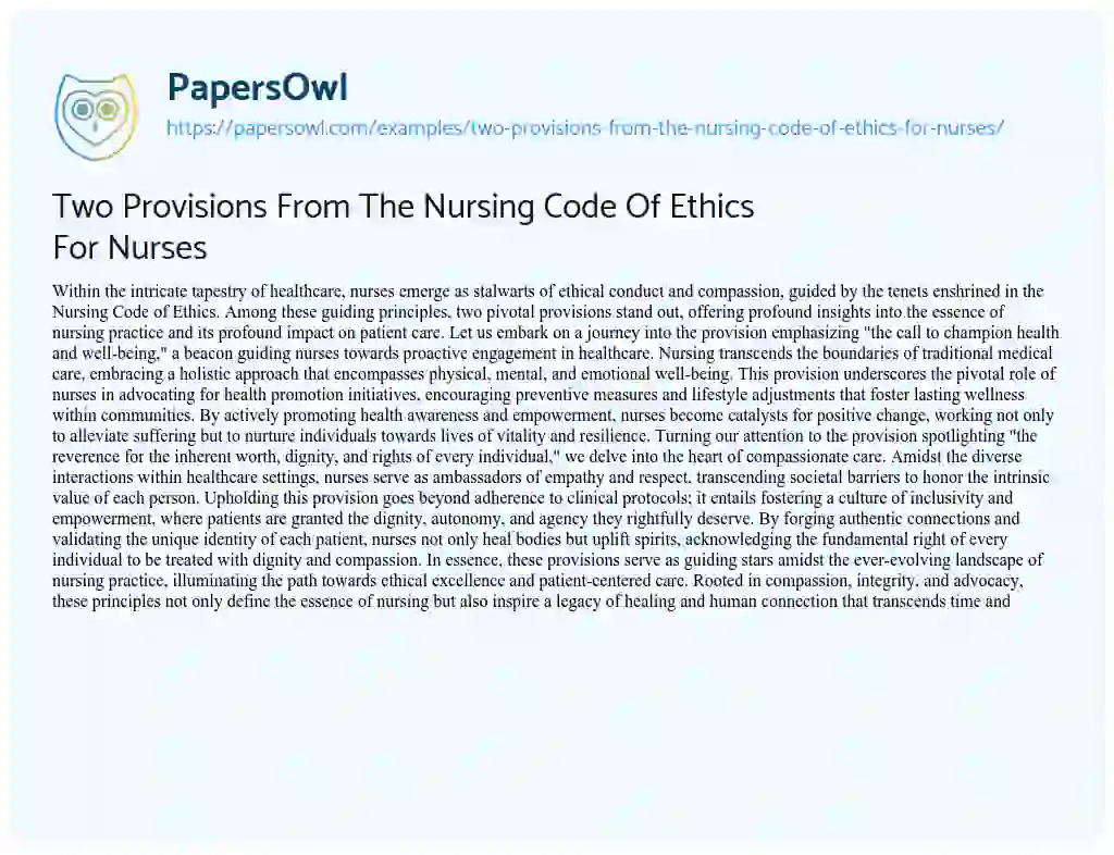 Essay on Two Provisions from the Nursing Code of Ethics for Nurses