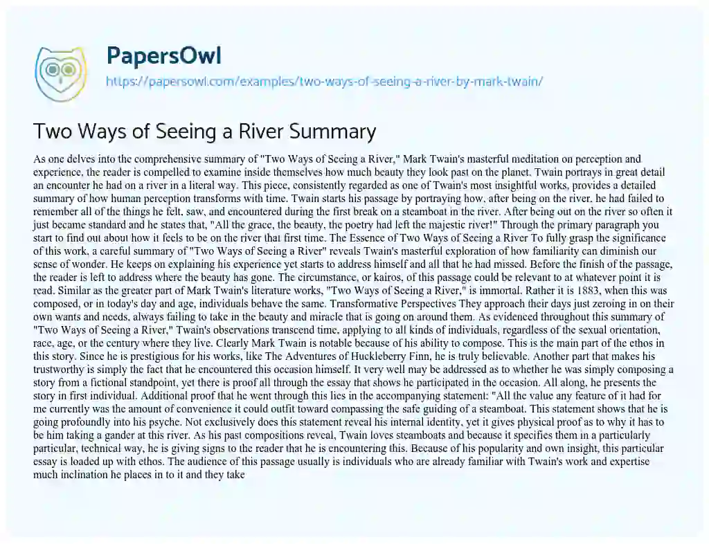 Essay on “Two Ways of Seeing a River” by Mark Twain