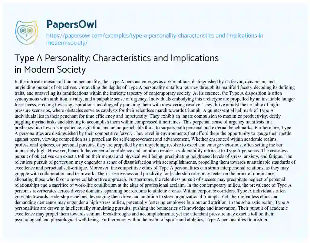 Essay on Type a Personality: Characteristics and Implications in Modern Society