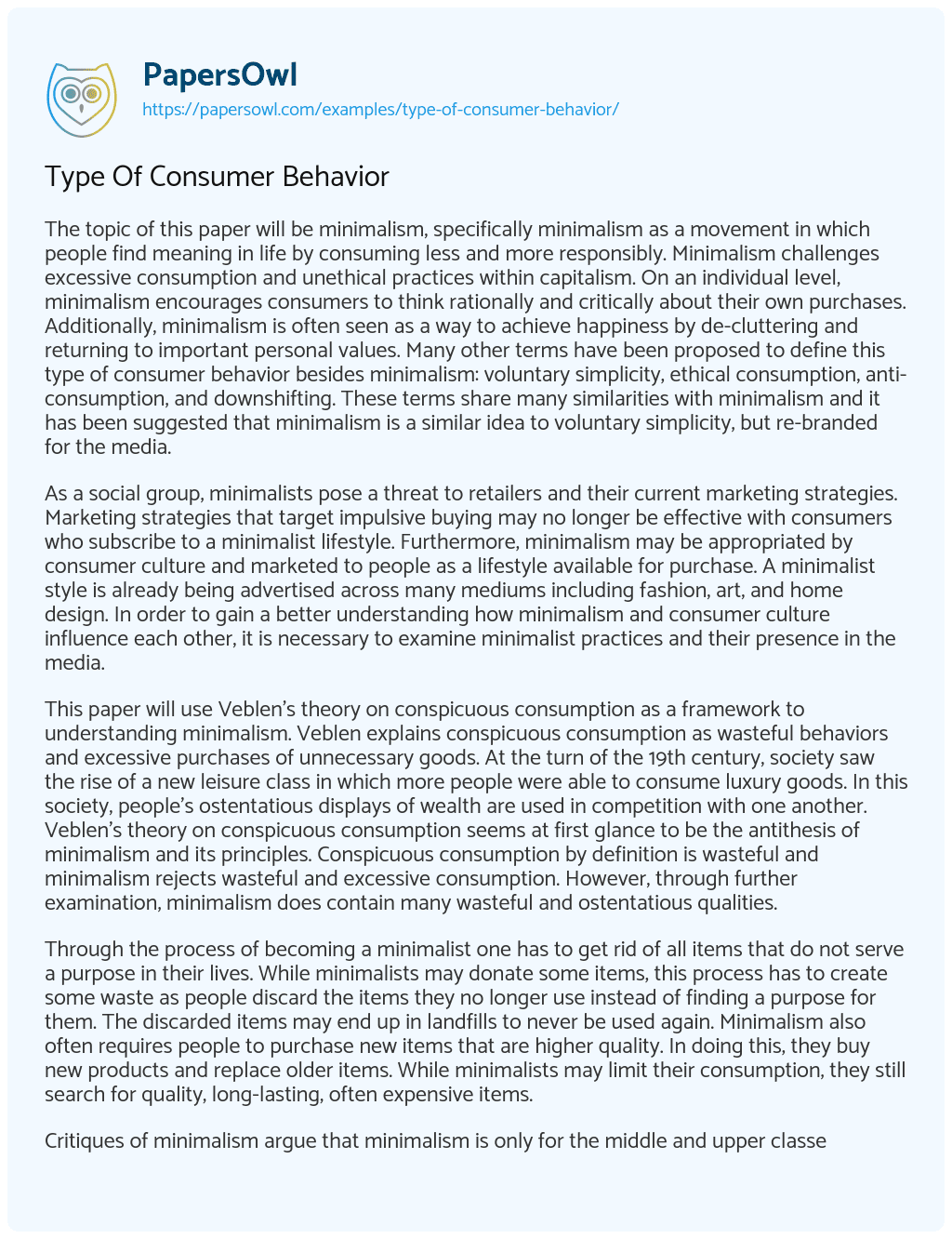 Essay on Type of Consumer Behavior