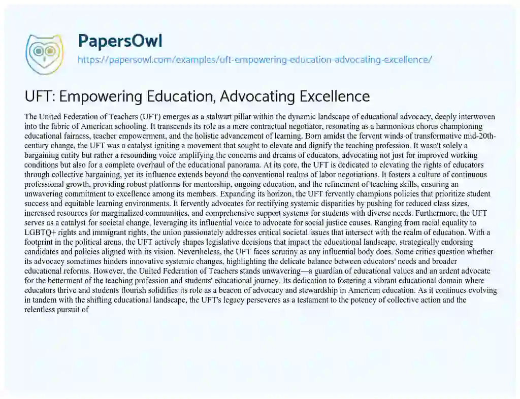 Essay on UFT: Empowering Education, Advocating Excellence