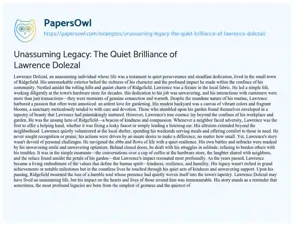 Essay on Unassuming Legacy: the Quiet Brilliance of Lawrence Dolezal