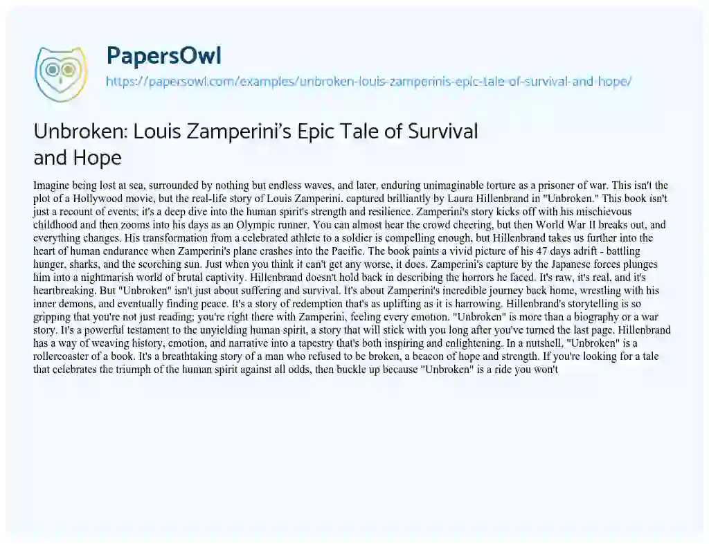 Essay on Unbroken: Louis Zamperini’s Epic Tale of Survival and Hope