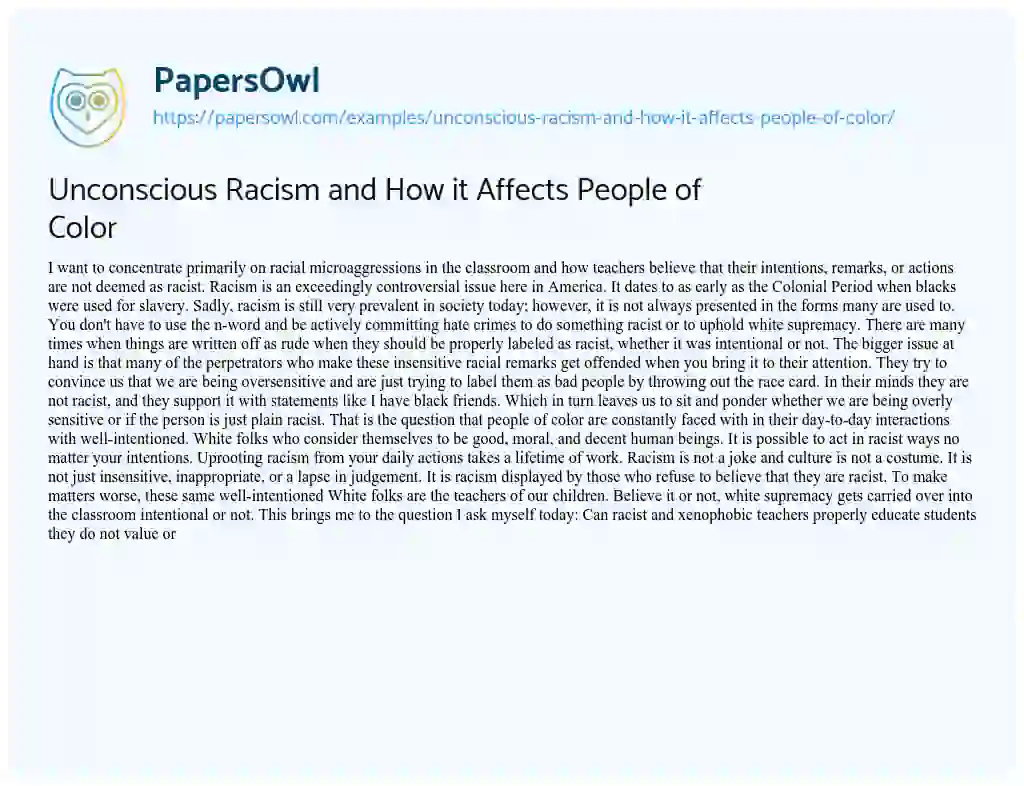 Essay on Unconscious Racism and how it Affects People of Color