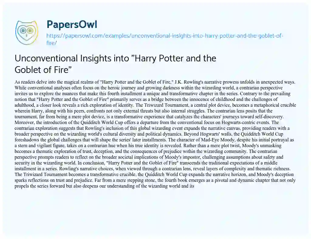 Essay on Unconventional Insights into “Harry Potter and the Goblet of Fire”