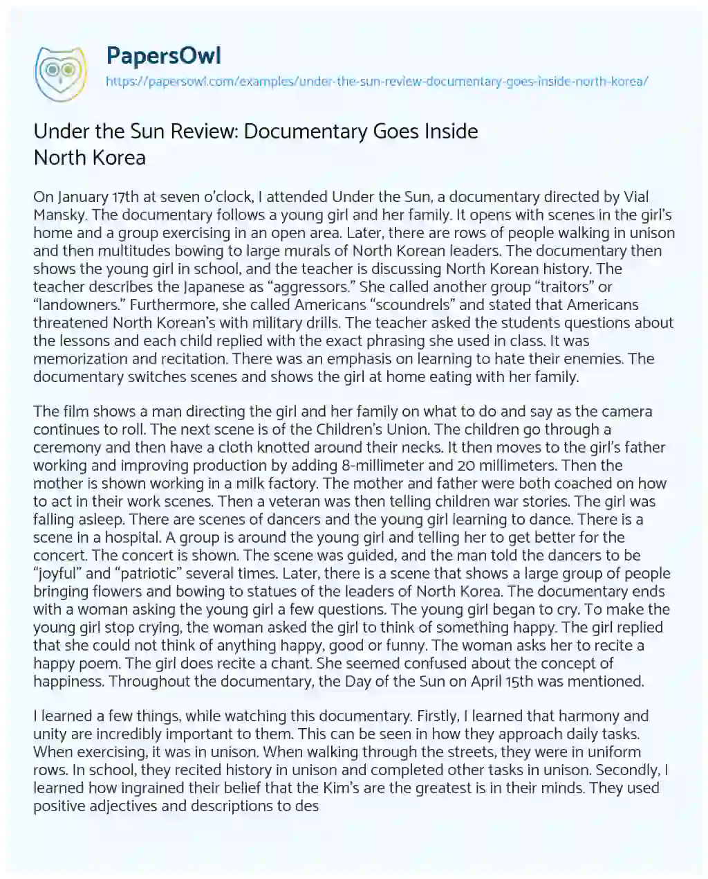 Essay on Under the Sun Review: Documentary Goes Inside North Korea