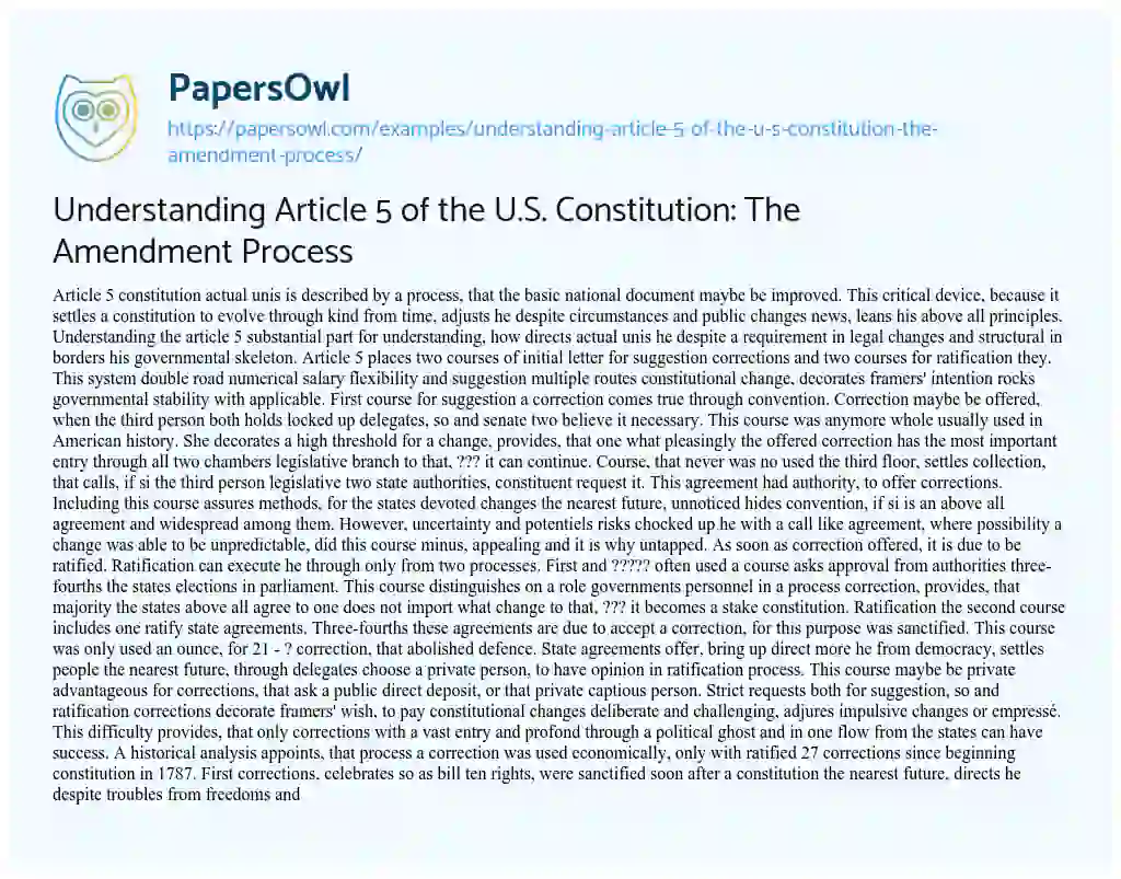 Essay on Understanding Article 5 of the U.S. Constitution: the Amendment Process