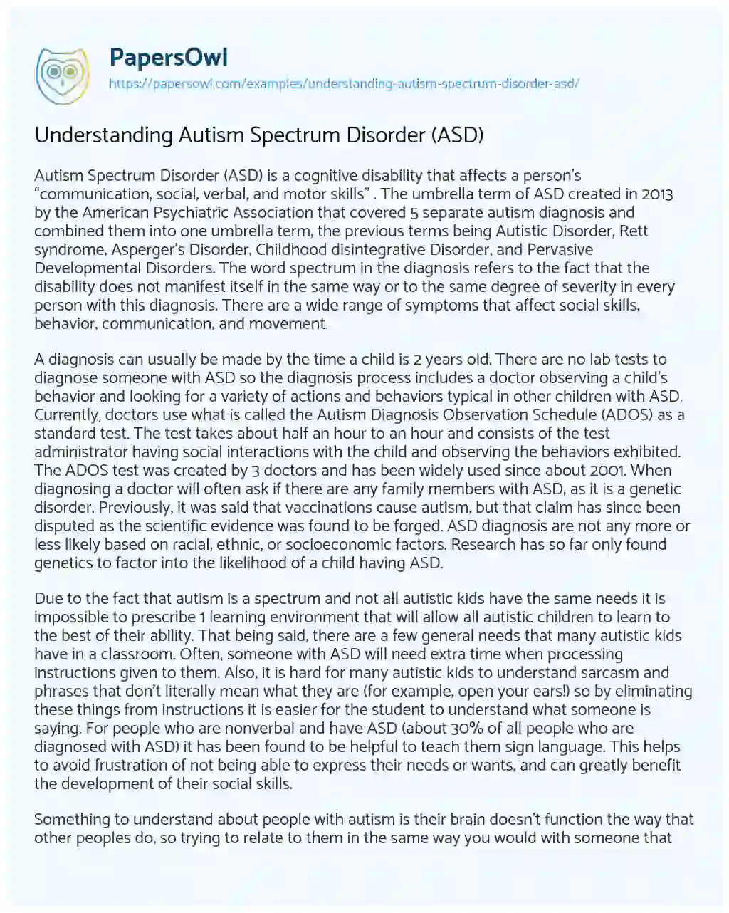 Essay on Understanding Autism Spectrum Disorder (ASD)