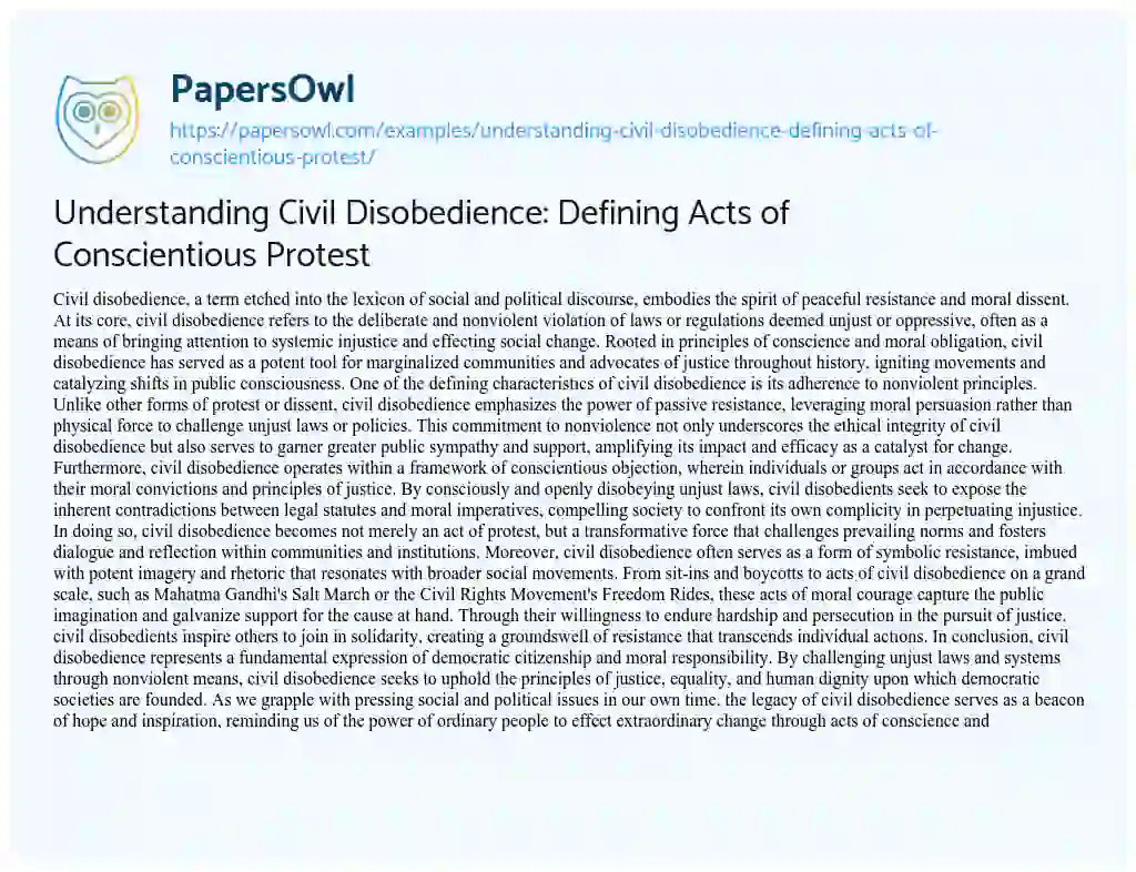 Essay on Understanding Civil Disobedience: Defining Acts of Conscientious Protest