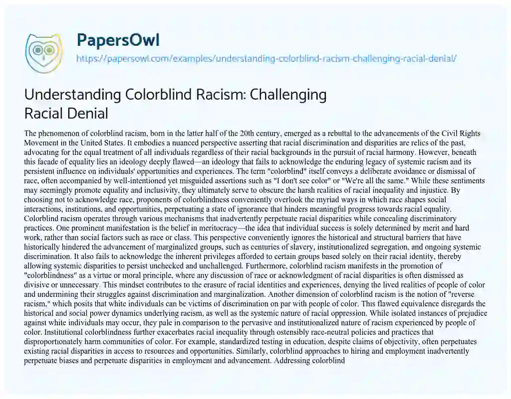 Essay on Understanding Colorblind Racism: Challenging Racial Denial