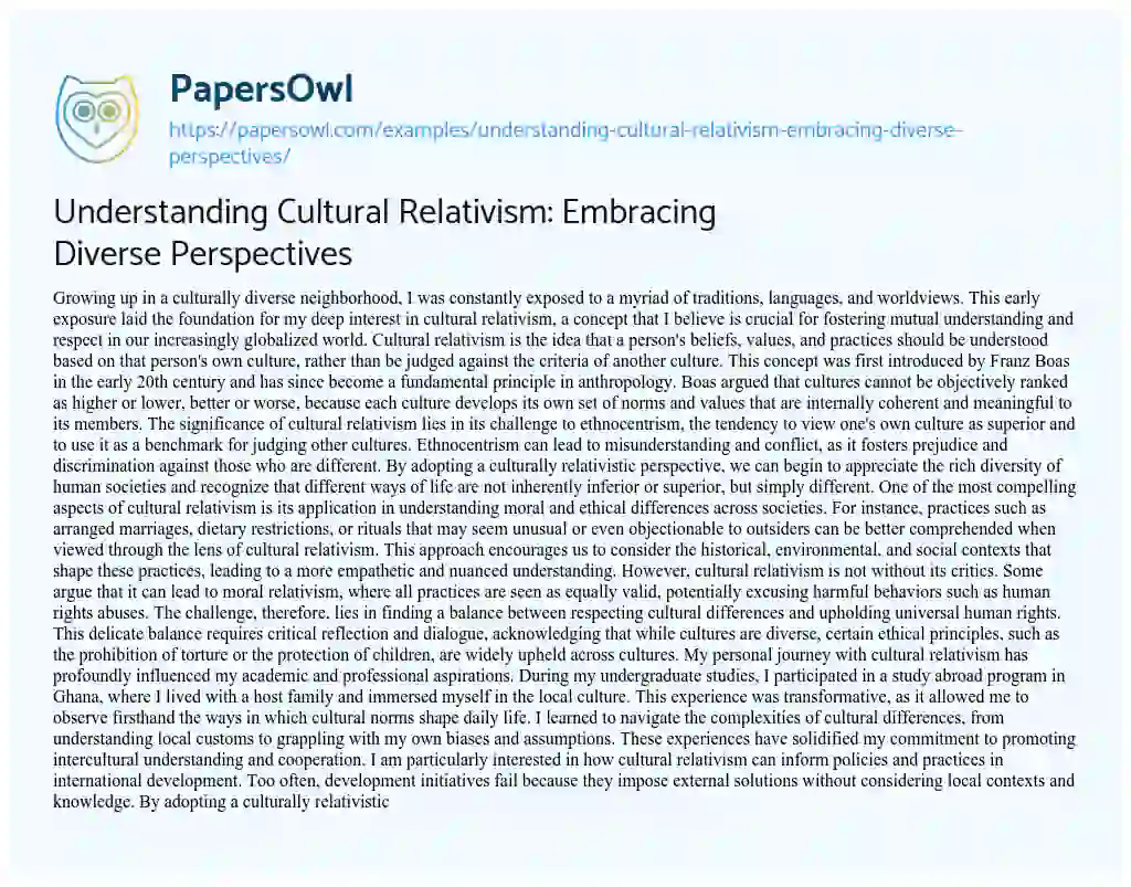 Essay on Understanding Cultural Relativism: Embracing Diverse Perspectives