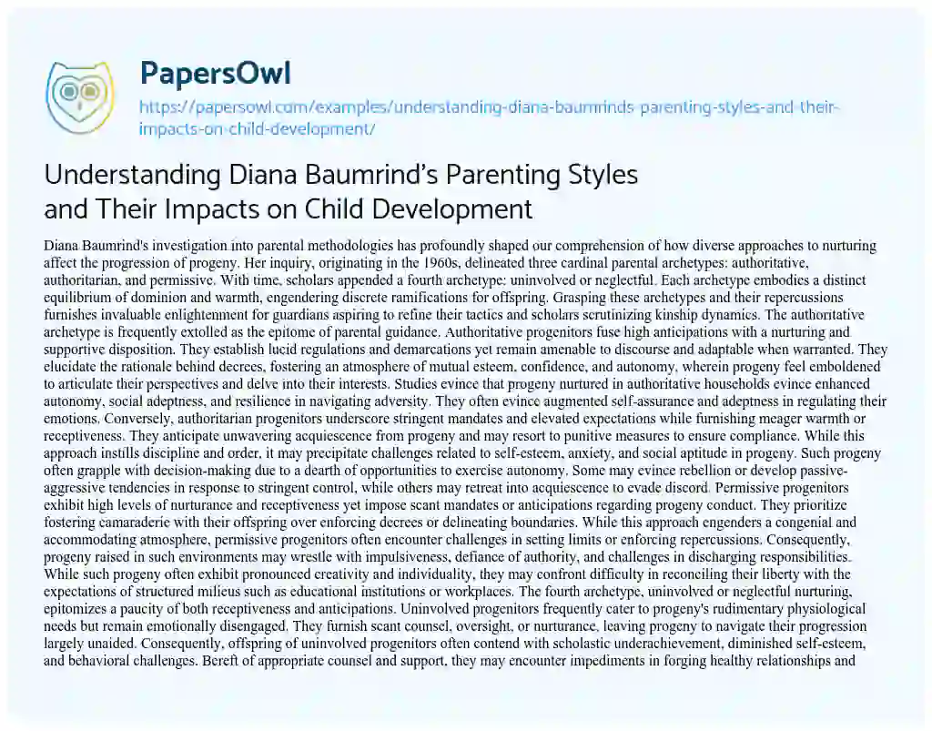 Essay on Understanding Diana Baumrind’s Parenting Styles and their Impacts on Child Development