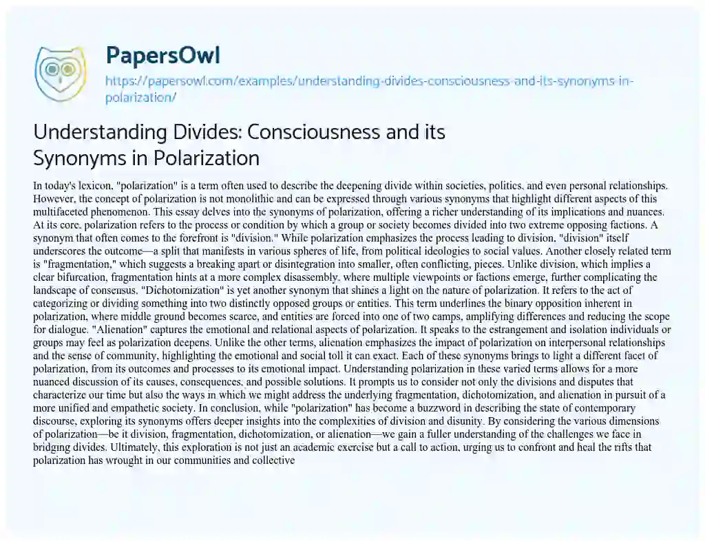 Essay on Understanding Divides: Consciousness and its Synonyms in Polarization