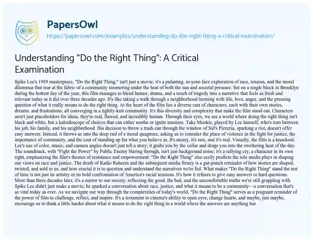 Essay on Understanding “Do the Right Thing”: a Critical Examination