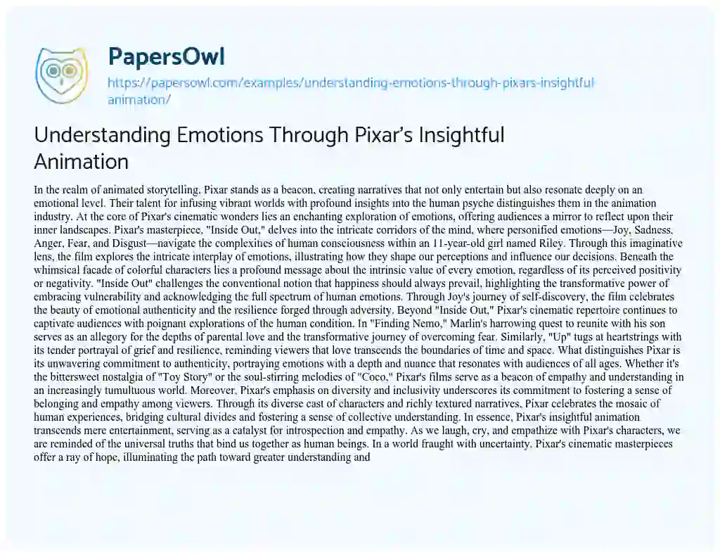 Essay on Understanding Emotions through Pixar’s Insightful Animation