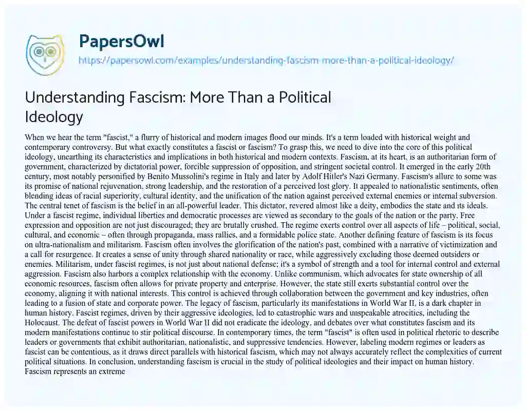 Essay on Understanding Fascism: more than a Political Ideology