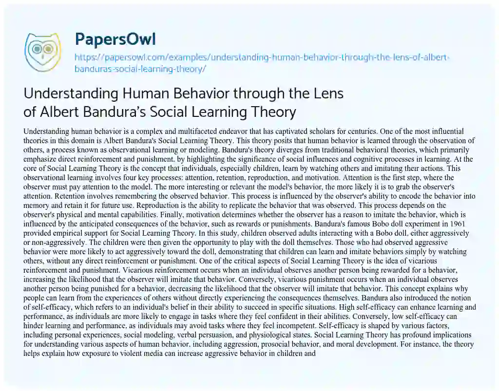 Essay on Understanding Human Behavior through the Lens of Albert Bandura’s Social Learning Theory