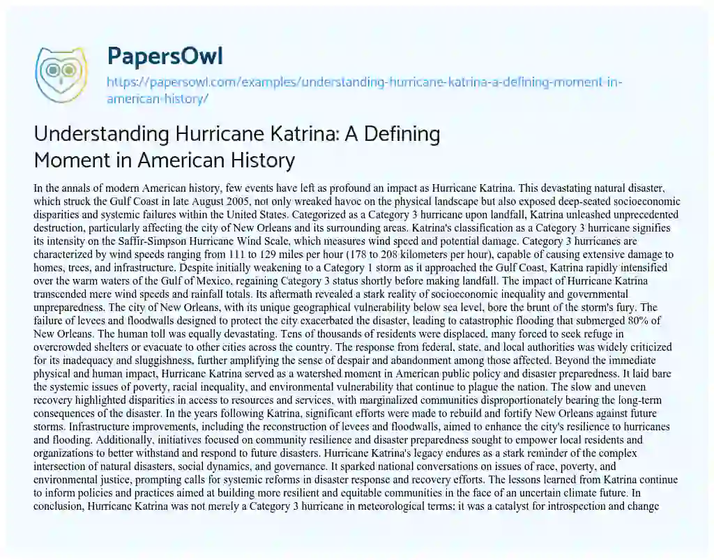 Essay on Understanding Hurricane Katrina: a Defining Moment in American History