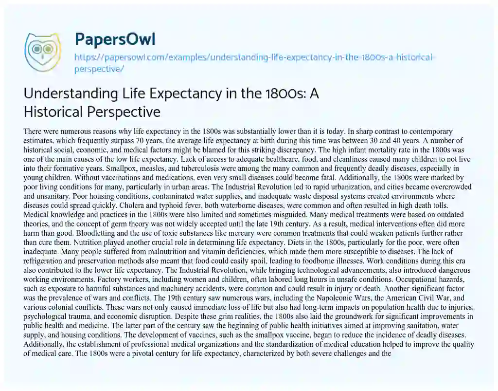 Essay on Understanding Life Expectancy in the 1800s: a Historical Perspective