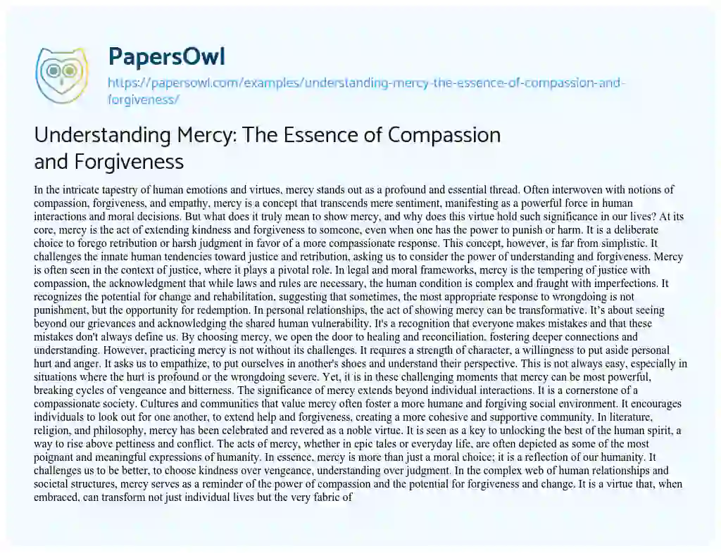 Essay on Understanding Mercy: the Essence of Compassion and Forgiveness