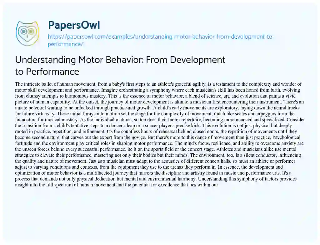 Essay on Understanding Motor Behavior: from Development to Performance