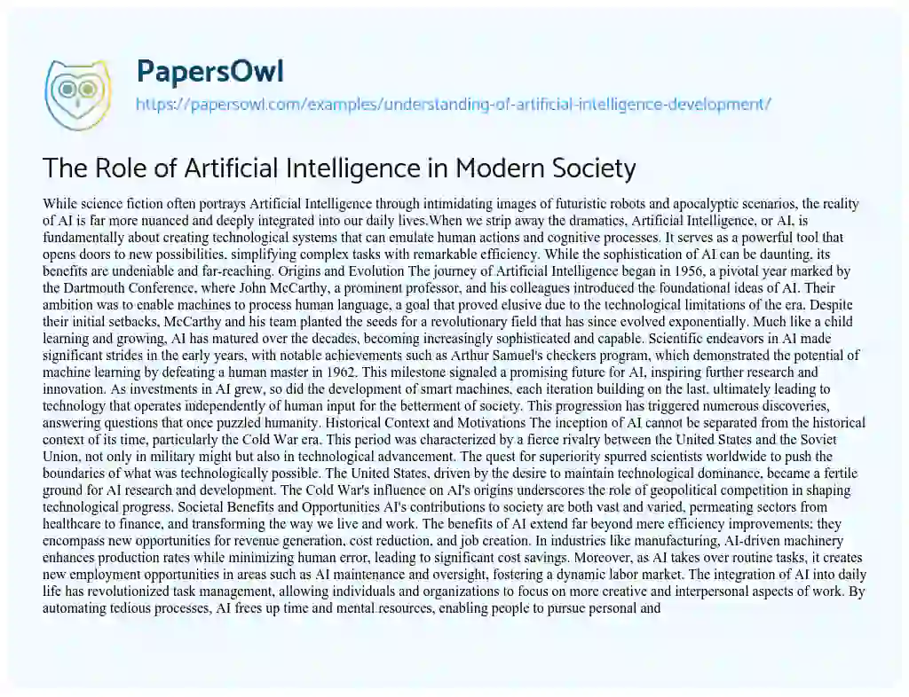 Essay on Understanding of Artificial Intelligence Development