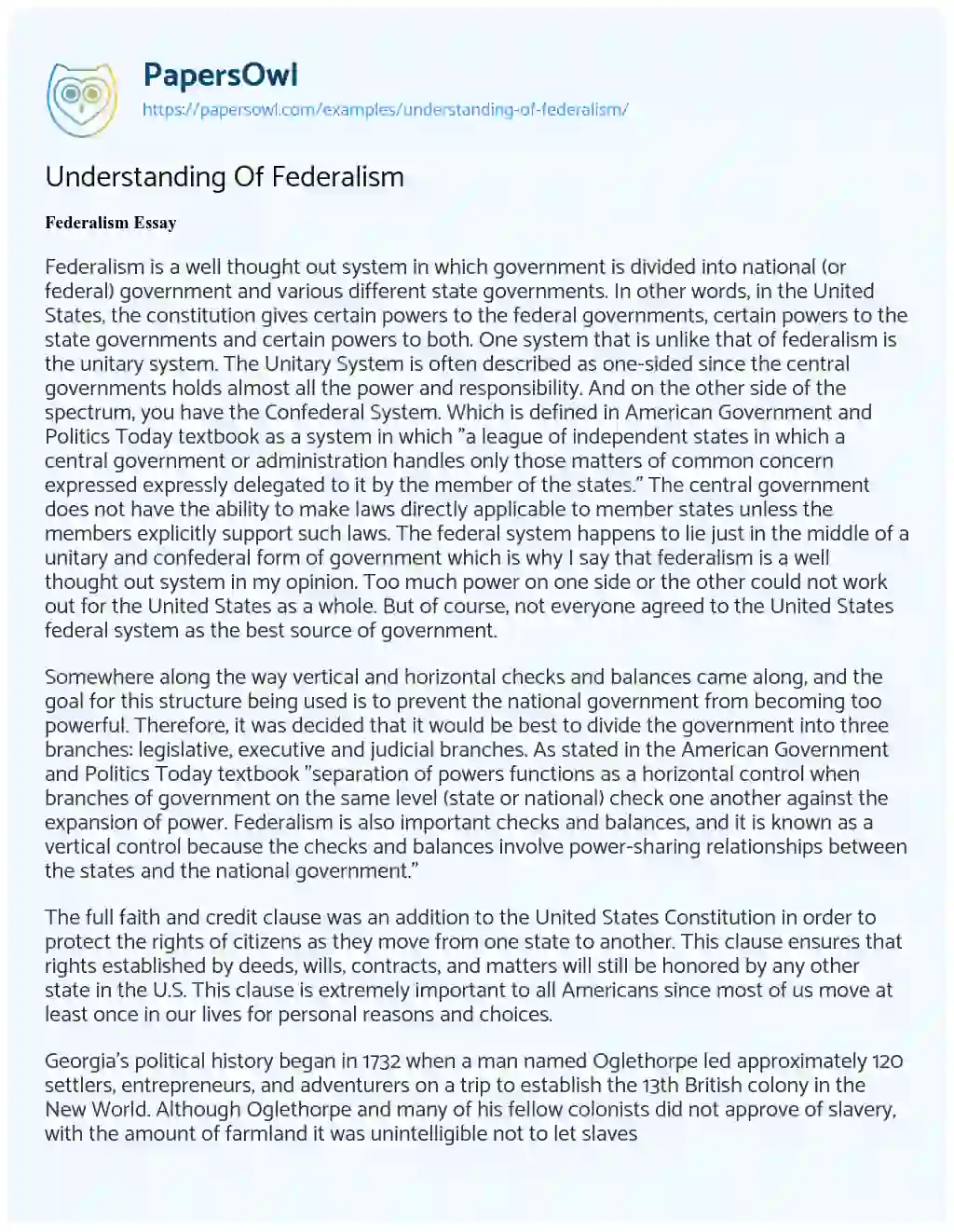 Essay on Understanding of Federalism