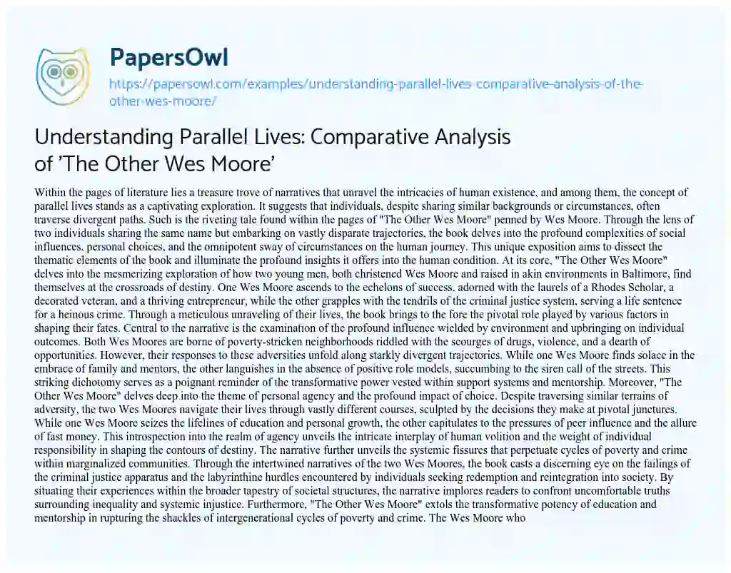 Essay on Understanding Parallel Lives: Comparative Analysis of ‘The other Wes Moore’