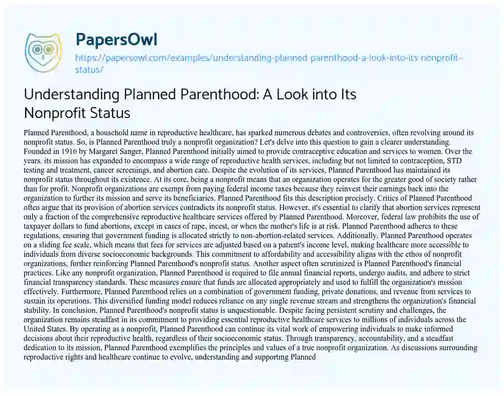 Essay on Understanding Planned Parenthood: a Look into its Nonprofit Status