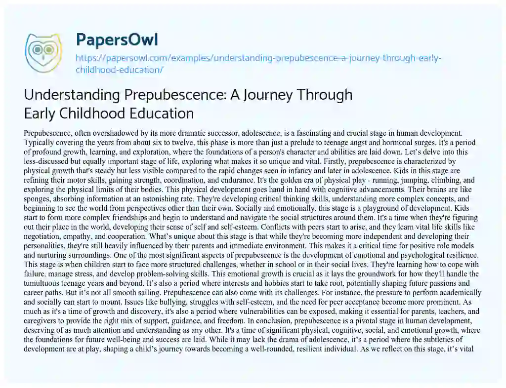 Essay on Understanding Prepubescence: a Journey through Early Childhood Education