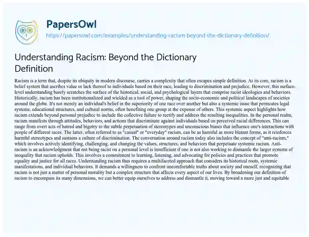 Essay on Understanding Racism: Beyond the Dictionary Definition
