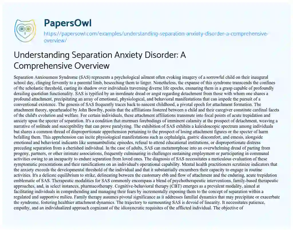 Essay on Understanding Separation Anxiety Disorder: a Comprehensive Overview