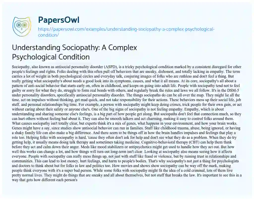 Essay on Understanding Sociopathy: a Complex Psychological Condition