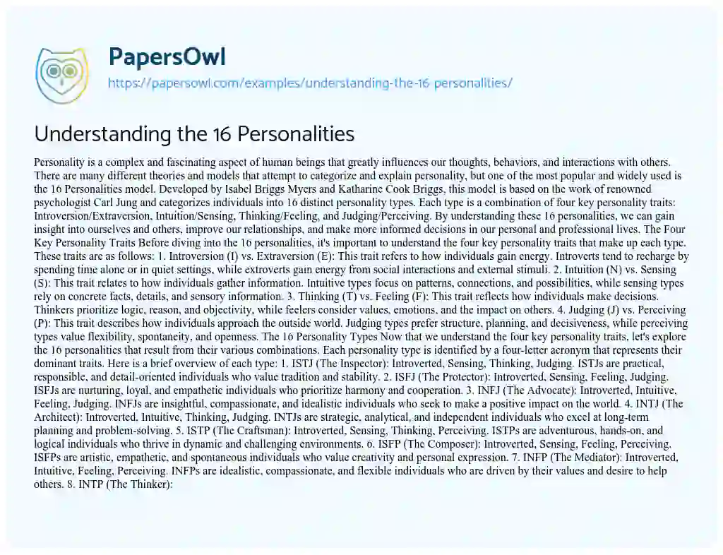 Essay on Understanding the 16 Personalities