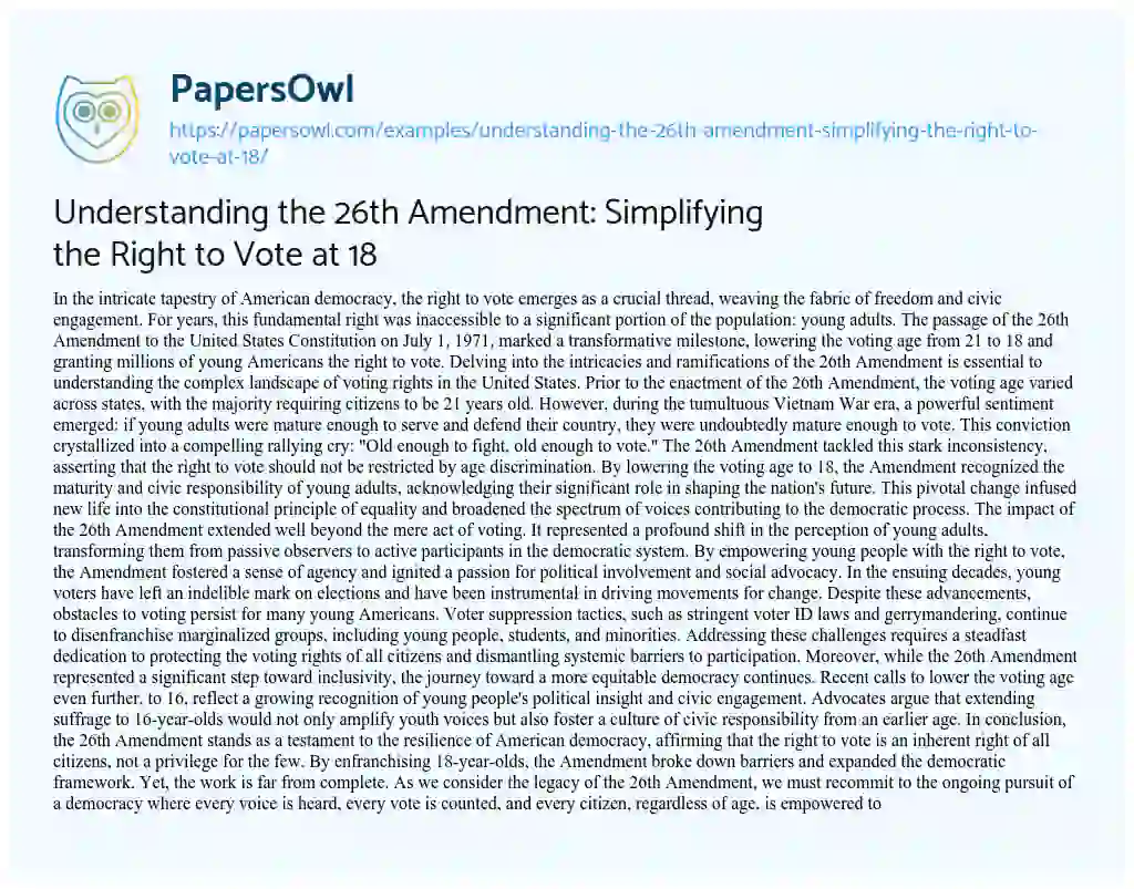 Essay on Understanding the 26th Amendment: Simplifying the Right to Vote at 18