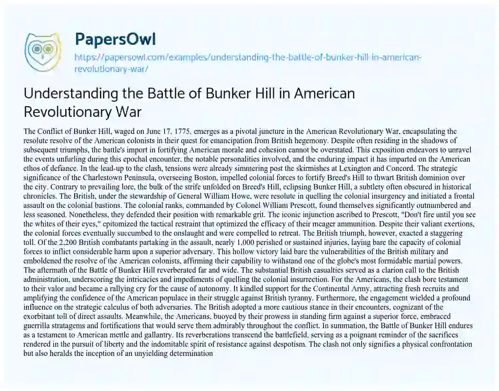 Essay on Understanding the Battle of Bunker Hill in American Revolutionary War