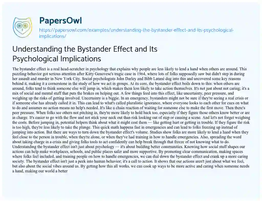 Essay on Understanding the Bystander Effect and its Psychological Implications