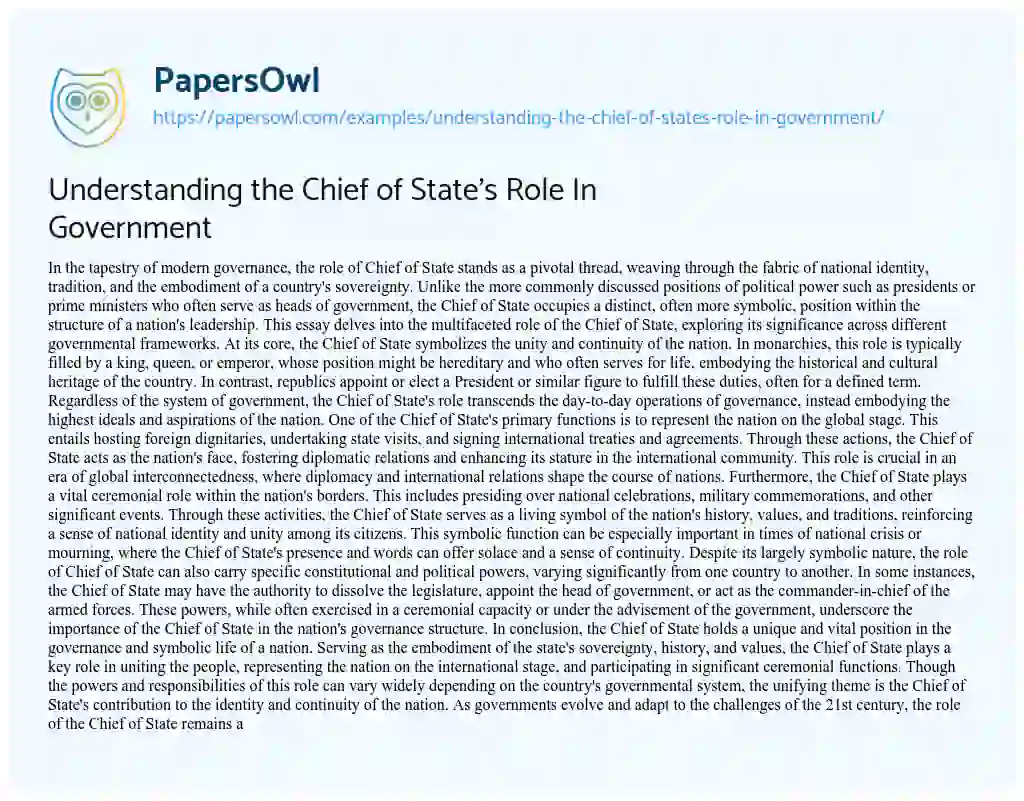Essay on Understanding the Chief of State’s Role in Government