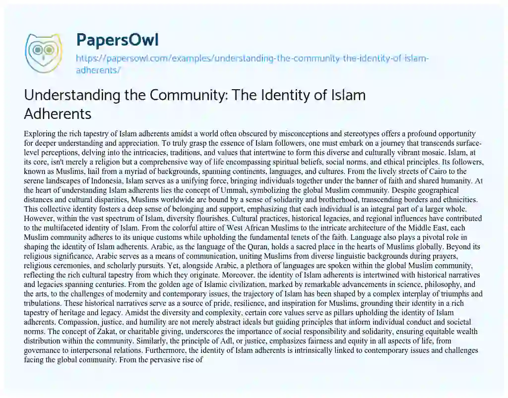 Essay on Understanding the Community: the Identity of Islam Adherents