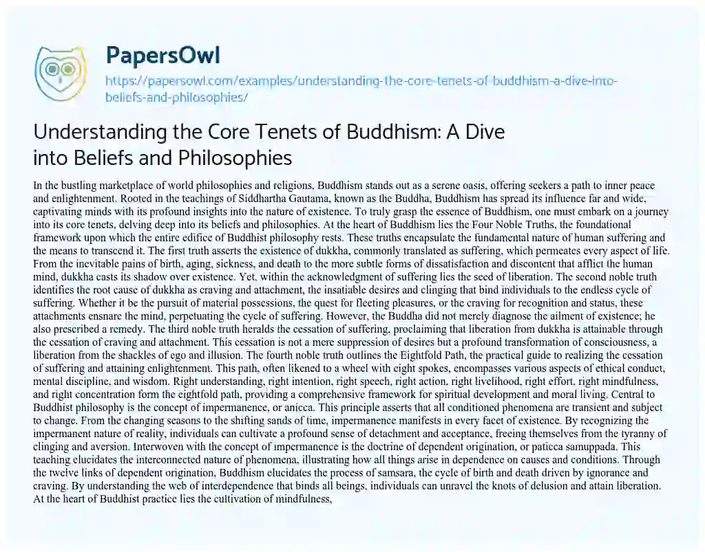 Essay on Understanding the Core Tenets of Buddhism: a Dive into Beliefs and Philosophies